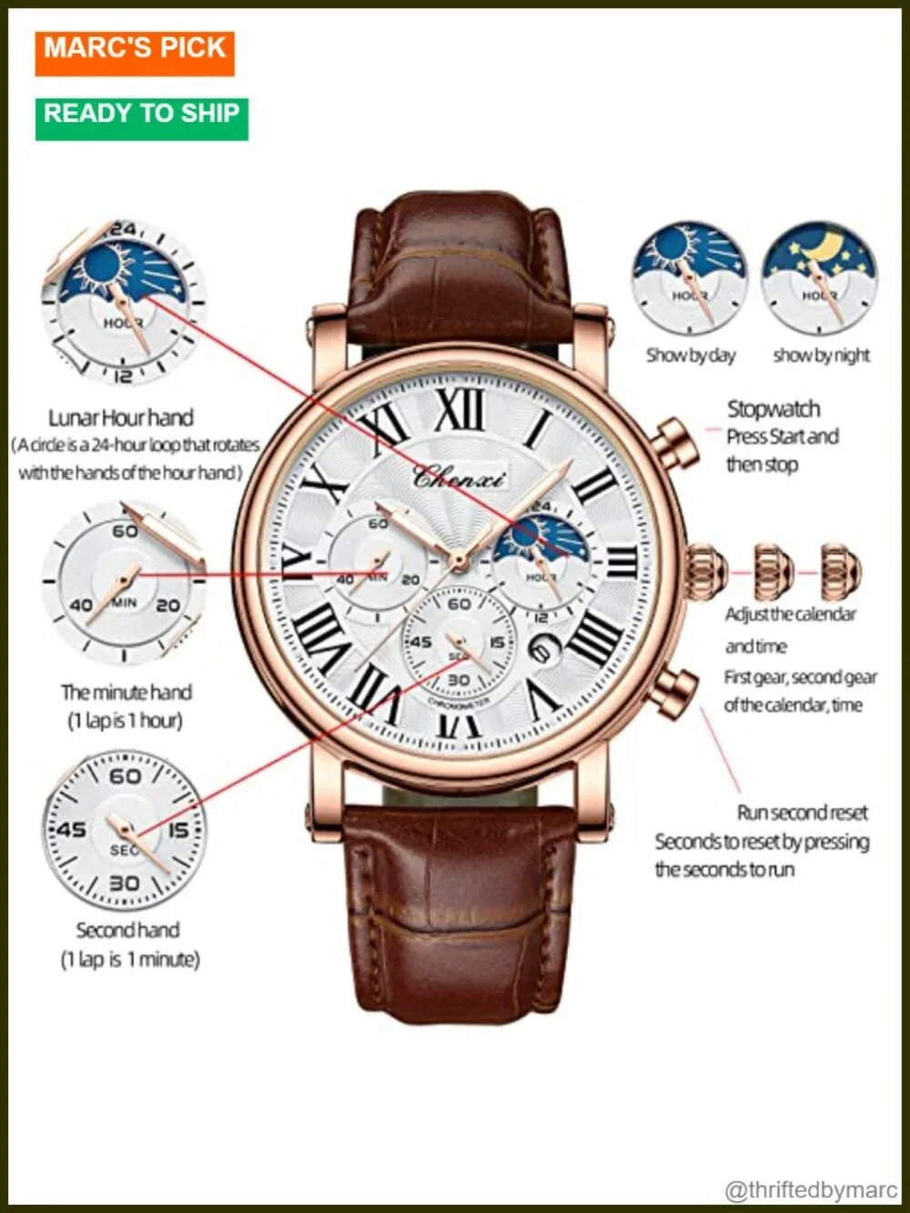 Men's Classic Multifunctional Analog Watch Chronograph Moon Phase Leather Strap